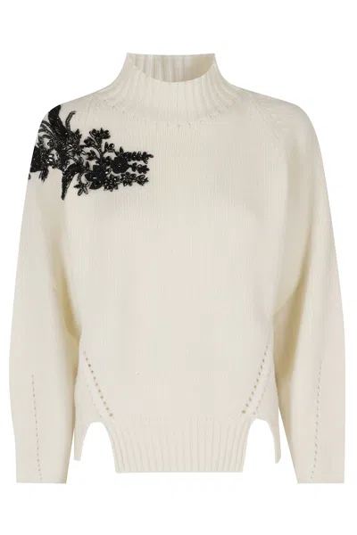 Ermanno Firenze Cream Jewel Embellished High Neck Wool Sweater In White