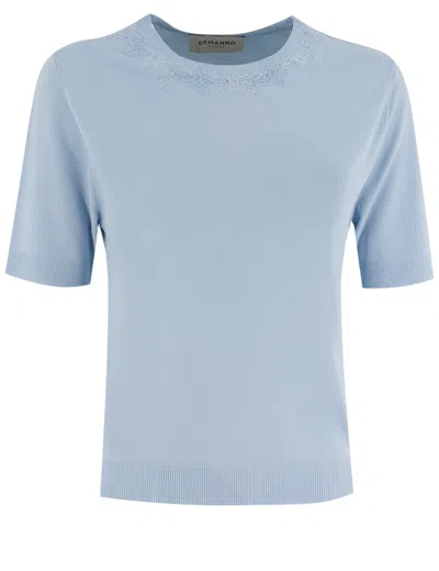 Ermanno Firenze Crew-neck Jumper With Floral Lace Detail In Azzurro