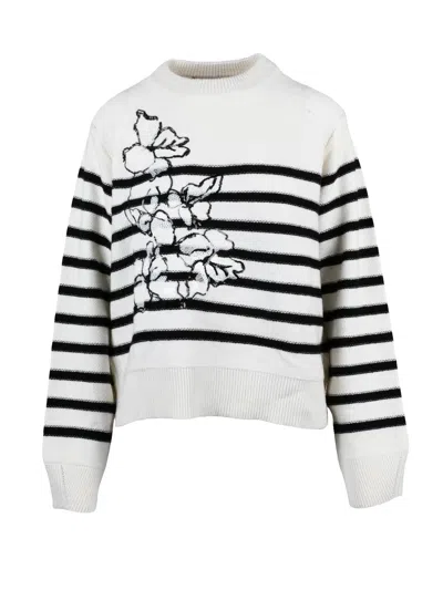 Ermanno Firenze Crew Neck Sweater With Floral Sequin Embroidery In White