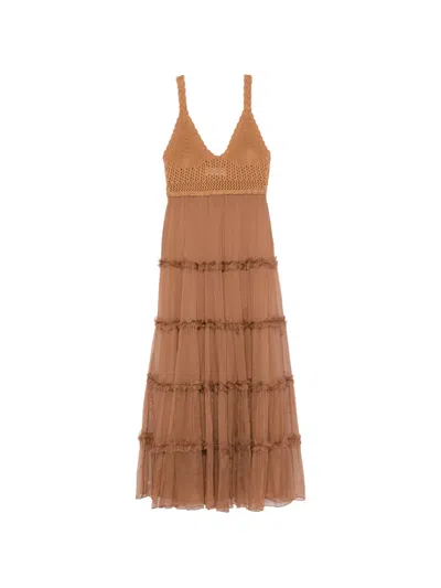 Ermanno Firenze Crochet Ruffled Maxi Dress In Brown