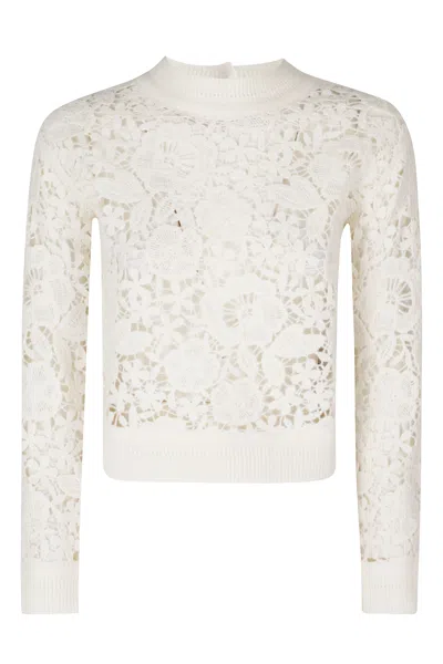 Ermanno Firenze Cropped Ecru Sweater With Floral Lace Knit In Neutral