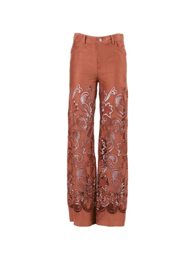 Ermanno Firenze Cut-out Lace-embroidered Trousers In Brown