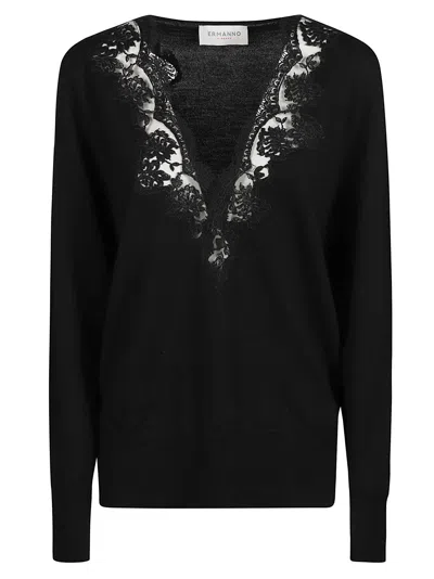 Ermanno Firenze Delicate Lace-trimmed Black V-neck Wool Sweater