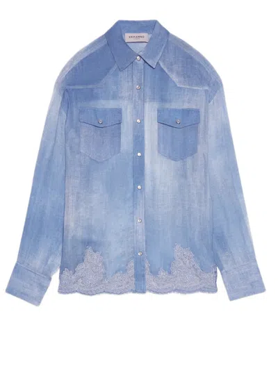 Ermanno Firenze Denim-inspired Georgette Shirt With Lace Trim And Pearl Snap Buttons In Blue