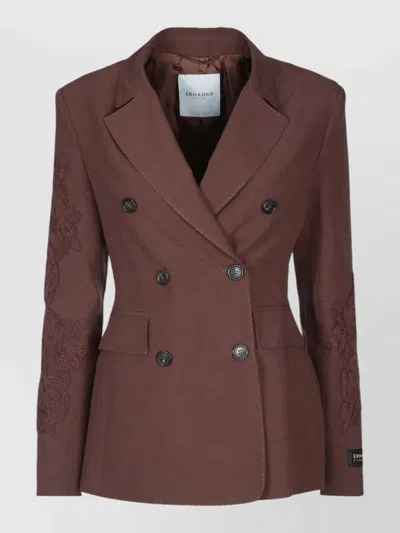 Ermanno Firenze Double Breasted Blazer Notch Lapels Embroidery In Brown