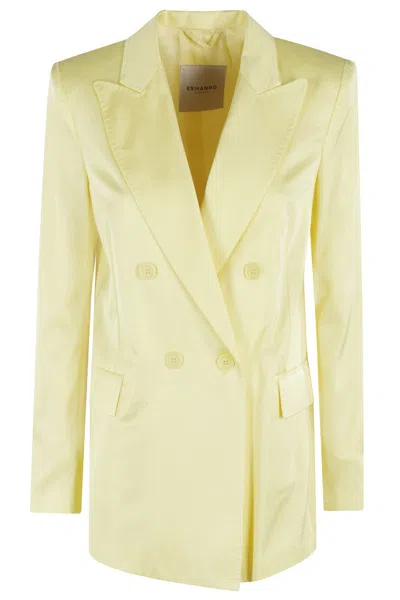 Ermanno Firenze Double-breasted Blazer With Notched Lapel And Padded Shoulders In Yellow