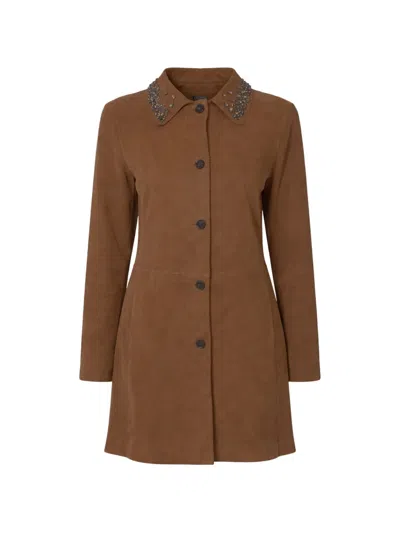 Ermanno Firenze Embellished-collar Coat In Brown