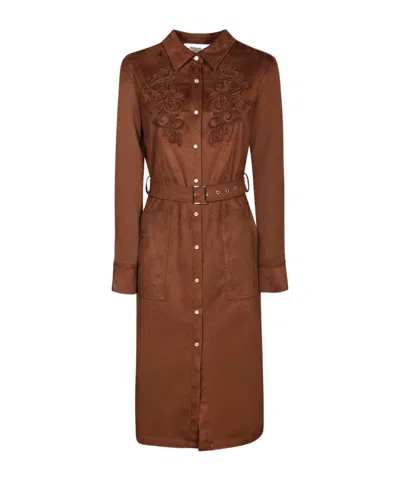 Ermanno Firenze Embroidered Drawstring Midi Dress In Brown