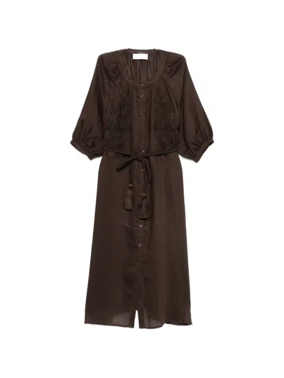 Ermanno Firenze Embroidered Midi Dress In Brown