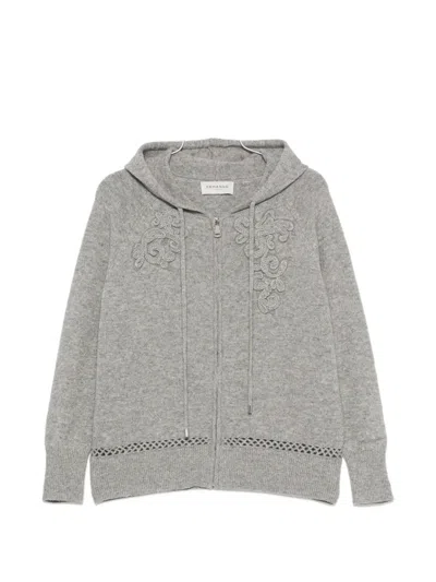 Ermanno Firenze Knit Hoodie Casual Style Floral Embroidery In Gray
