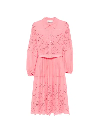 Ermanno Firenze Eyelet-detail Belted Midi Dress In Pink