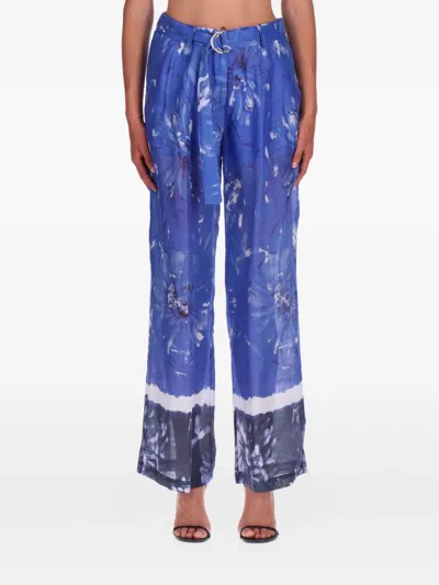 Ermanno Firenze Flora-printedl Belt Trousers In Blue