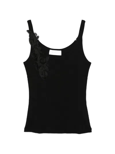 Ermanno Firenze Tank Top Scoop Neck Floral Applique In Black