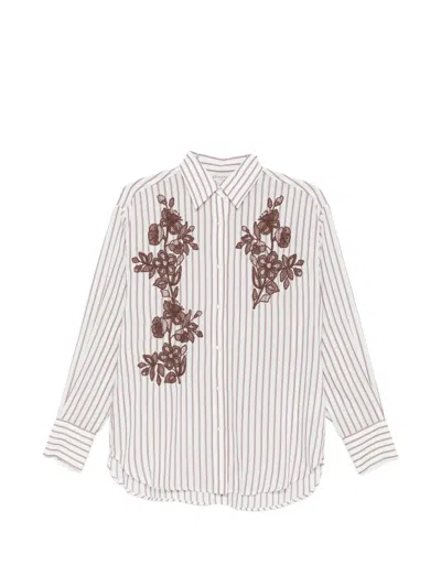 Ermanno Firenze Long Sleeve Striped Top Floral Embroidery In White