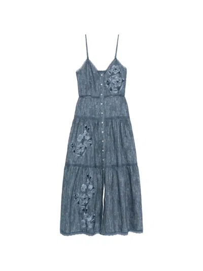Ermanno Firenze Floral-embroidered Tiered Midi Dress In Blue