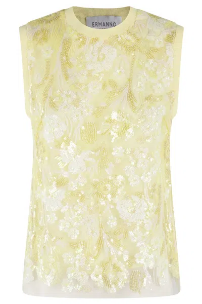 Ermanno Firenze Floral Embroidered Tulle Sleeveless Top In Yellow