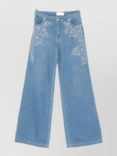 Ermanno Firenze Floral Embroidery Wide Leg Denim Trousers In Blue