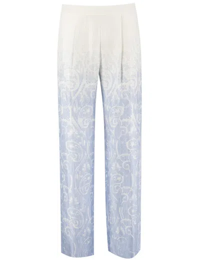Ermanno Firenze Floral Pattern Viscose Trousers With Zip Fastening In Blue