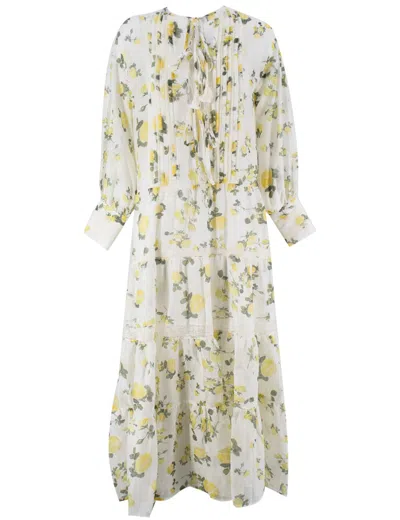 Ermanno Firenze Floral Print Long Dress With Lace Inserts In White/giallino