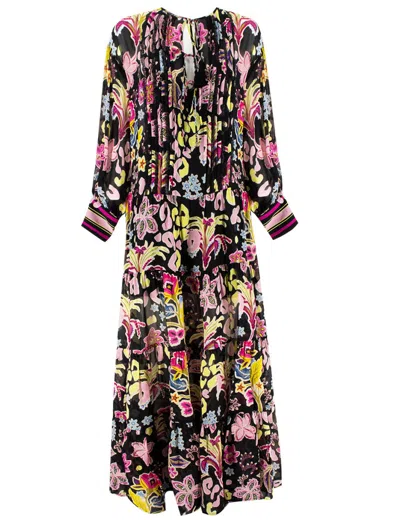 Ermanno Firenze Floral Print Maxi Dress With Lace Inserts In Nero/rosa/giallino
