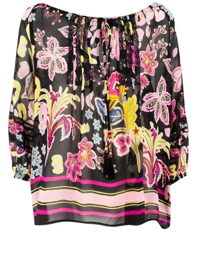 Ermanno Firenze Floral Print Viscose Shirt With Lace Accents In Nero/rosa/giallino