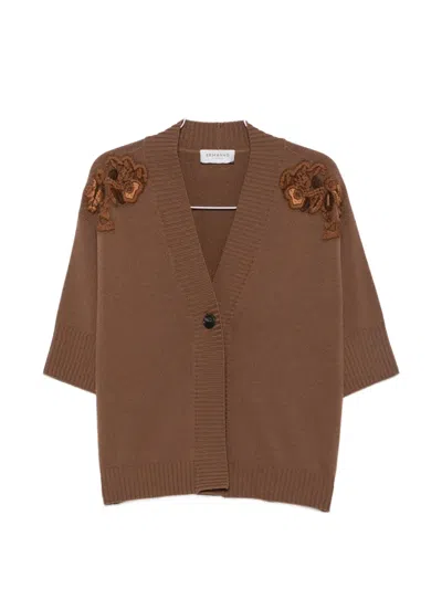 Ermanno Firenze Floral-appliqué Short-sleeve Cardigan In Brown