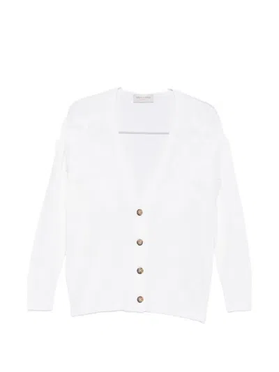 Ermanno Firenze V Neck Cardigan Long Sleeves Embroidery Ribbed In White