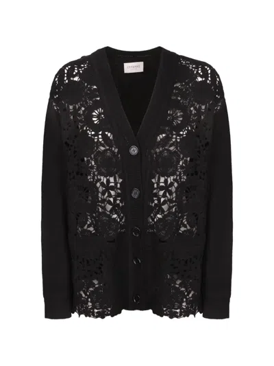 Ermanno Firenze Floral-embroidered Lace-panel Cardigan In Black