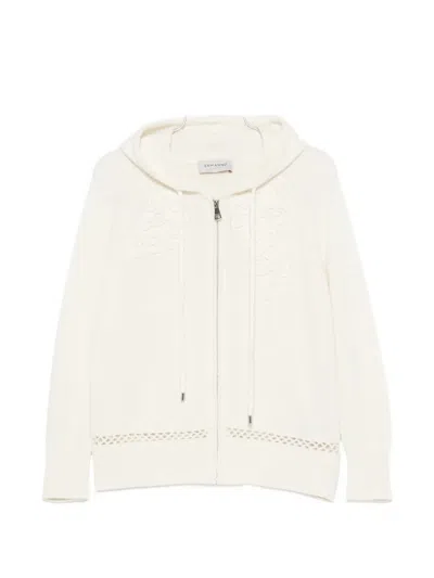 Ermanno Firenze Hoodie Drawstring Hood Floral Embroidery Trim In White