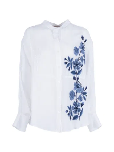 Ermanno Firenze Floral-embroidered Pintuck-detail Shirt In White