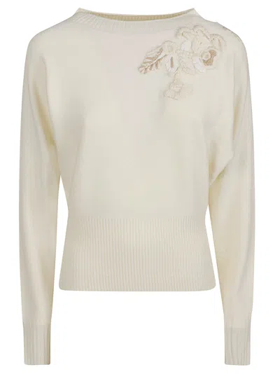 Ermanno Firenze Floral-embroidered Round Neck Knit Sweater In White