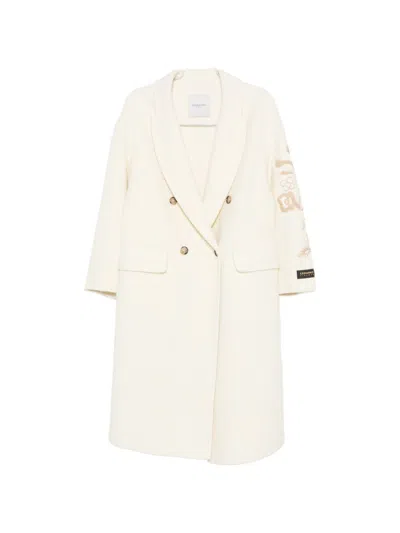 Ermanno Firenze Floral-embroidered Wool Coat In Cream