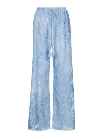 Ermanno Firenze Floral-patterned Sheer Trousers With Wide Leg Silhouette In Blue