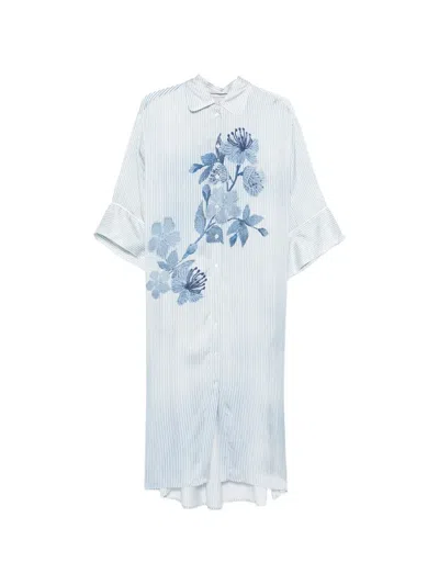 Ermanno Firenze Floral-print Striped Shirt Midi Dress In Blue