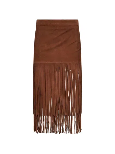 Ermanno Firenze Fringed Midi Skirt In Brown