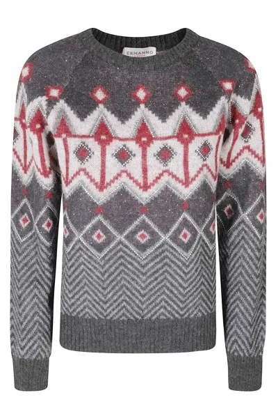 Ermanno Firenze Geometric Knit Alpaca-blend Crewneck Sweater In Grey