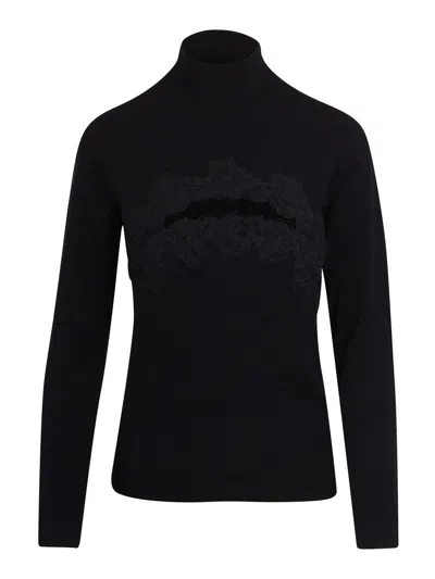 Ermanno Firenze High-neck Sweater With Lace Neckline In Black