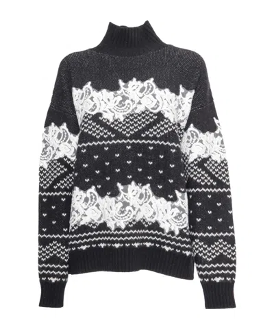 Ermanno Firenze Intarsia Lace-knit Sweater In Black