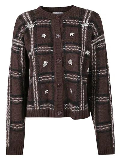 Ermanno Firenze Jacquard Wool Cardigan With Crystal Embellishments In Brown