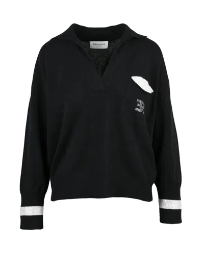 Ermanno Firenze Knit Polo Shirt With V-neck And Contrasting Details In Black
