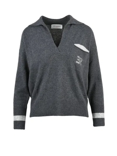 Ermanno Firenze Knit Polo Shirt With V-neck And Ribbed Cuffs In Grey
