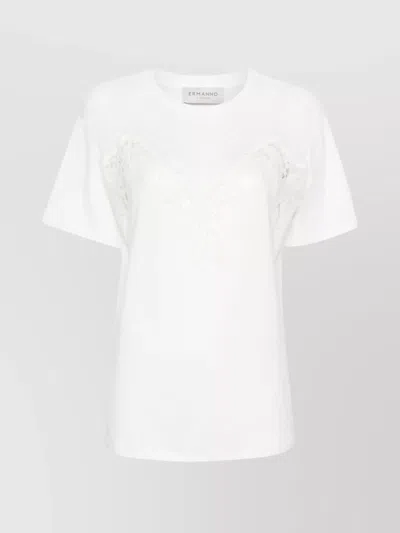 Ermanno Firenze Lace Detail Short Sleeve Round Neck Top In White