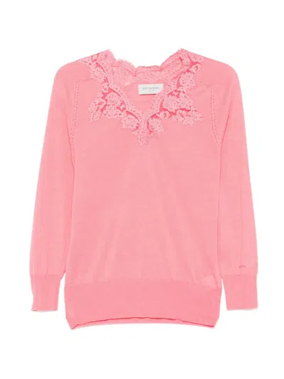 Ermanno Firenze Lace-detail V-neck Top In Pink