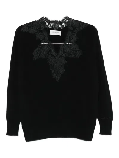 Ermanno Firenze Lace-embellished V-neck Sweater In Black