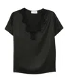 Ermanno Firenze Lace Trim V Neck Short Sleeves Top In Black