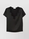 Ermanno Firenze Lace Trim V Neck Short Sleeves Top In Black