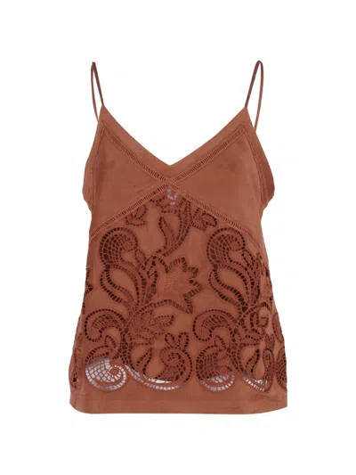 Ermanno Firenze Lace-cutout V-neck Top In Brown