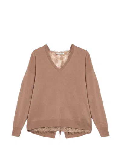 Ermanno Firenze Lace-panelled Tie-fastening Sweater In Brown