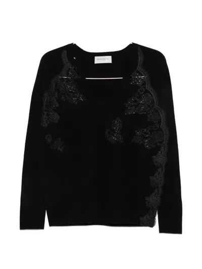 Ermanno Firenze Lace-panelled V-neck Sweater In Black