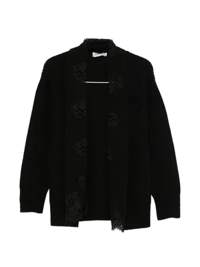 Ermanno Firenze Relaxed Ribbed Lace Knit Long Sleeve Layer In Black